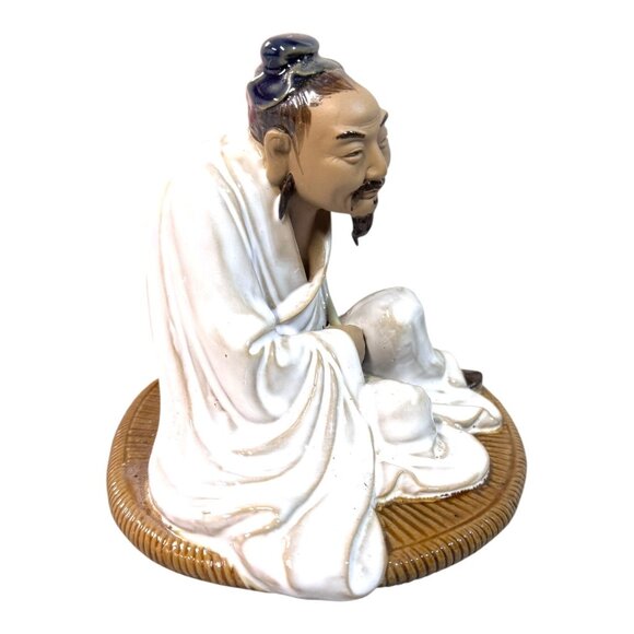 Shiwan Chinese Mudman Lotus Flower White Robe Porcelain Figurine Zhou Dunyi Poet - Picture 2 of 8